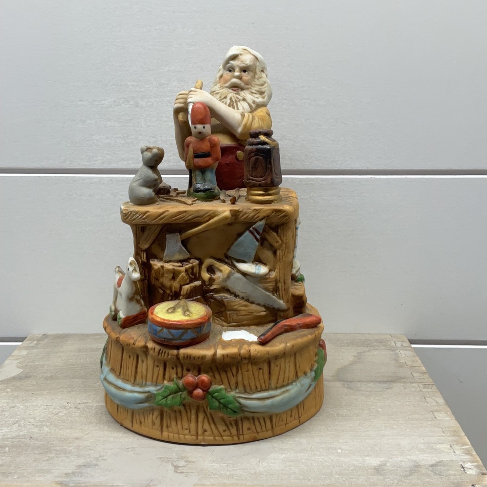 Vintage 1984 Ceramic Santa Claus Workshop Music Box Toy Maker Figurine 7.5"